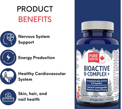 Pure North Naturals - 生物活性 B 族维生素补充剂 90 粒胶囊，30 天用量 - 酶活性 Sensoril 南非醉茄、红景天、人参 - 经第三方测试 - 加拿大配制和制造