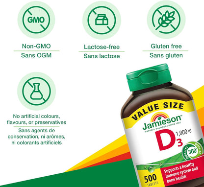 Jamieson 维生素 D3 1000 国际单位片，支持免疫健康，强健骨骼和牙齿，增强钙和磷的吸收。素食，非转基因，无麸质，每日一片，500 片，加拿大制造