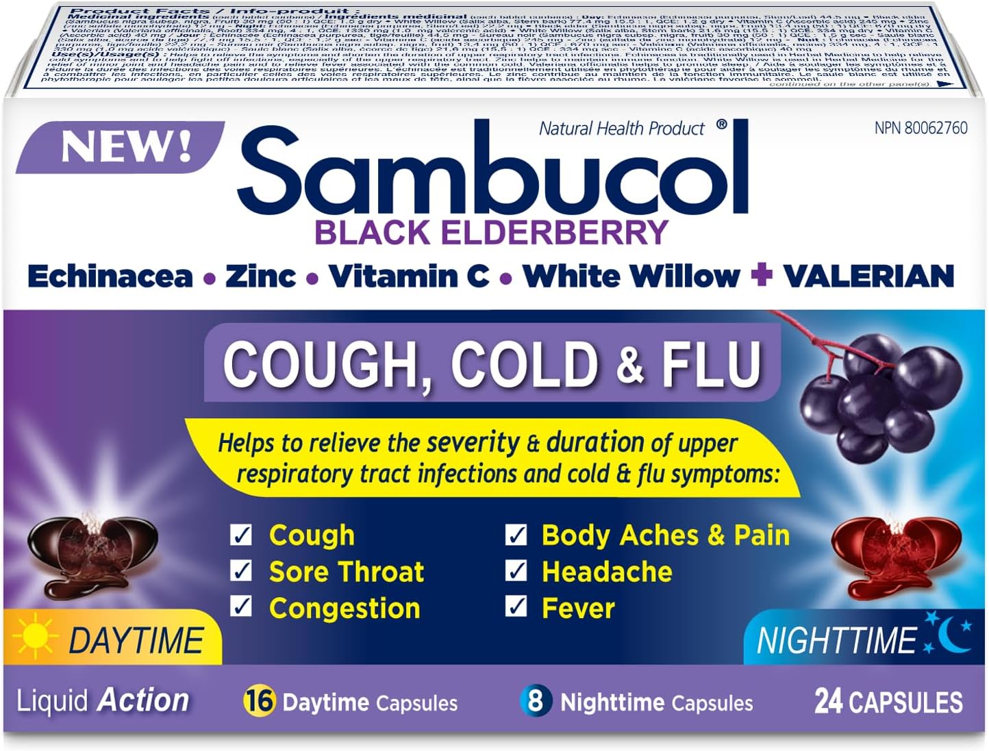 Sambucol Black Elderberry – Cough, Cold and Flu Day/Night| Helps Relieve Congestion, Fever Sore Throat & Head Pain | Black Elderberry, White Willow| 24 Hard Capsules (18 Day/6 Night)