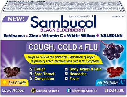 Sambucol Black Elderberry – Cough, Cold and Flu Day/Night| Helps Relieve Congestion, Fever Sore Throat & Head Pain | Black Elderberry, White Willow| 24 Hard Capsules (18 Day/6 Night)