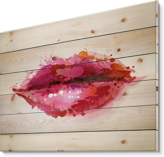 DesignQ 紅色女人嘴唇由抽象的斑點組成 - 天然松木上的現代印花