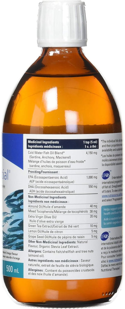 OmegEssential Liquid Fish Oil Supplement - 1,000 mg EPA + 550 mg DHA, Orange Flavour, 500 ml