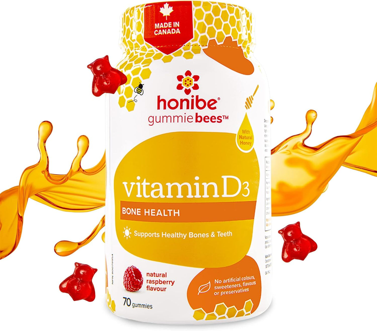 Honibe 儿童和成人维生素 D 软糖 | 加拿大制造的蜂蜜基维生素 & 儿童复合维生素软糖增强免疫力 | 加拿大制造的蜂蜜基维生素 | 70 粒软糖