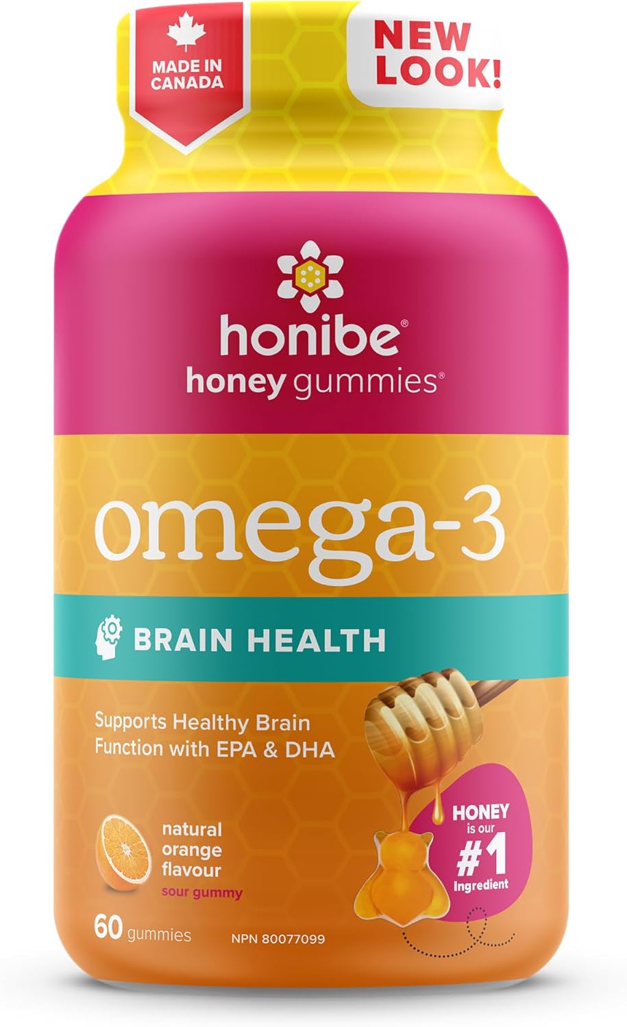 Honibe Omega 3 Gummies for Kids and Adults | Made in Canada | Supports Brain Health | Trusted Source of Omega-3 EPA & DHA Vitamins | Sustainably Sourced Fish Oil | No Fishy Taste | Omega 3 Fatty Acids | 60 Gummies