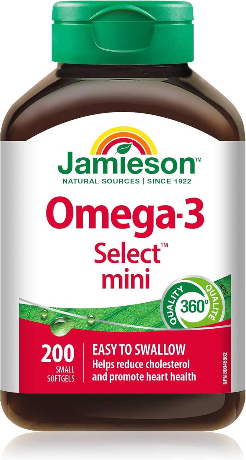 Jamieson Omega-3 Select Mini Softgels, Easy to Swallow, Supports Brain and Heart Health, and Helps Reduce Cholesterol. With EPA and DHA, Non-GMO, Gluten-Free, 200 Count, Proudly Canadian