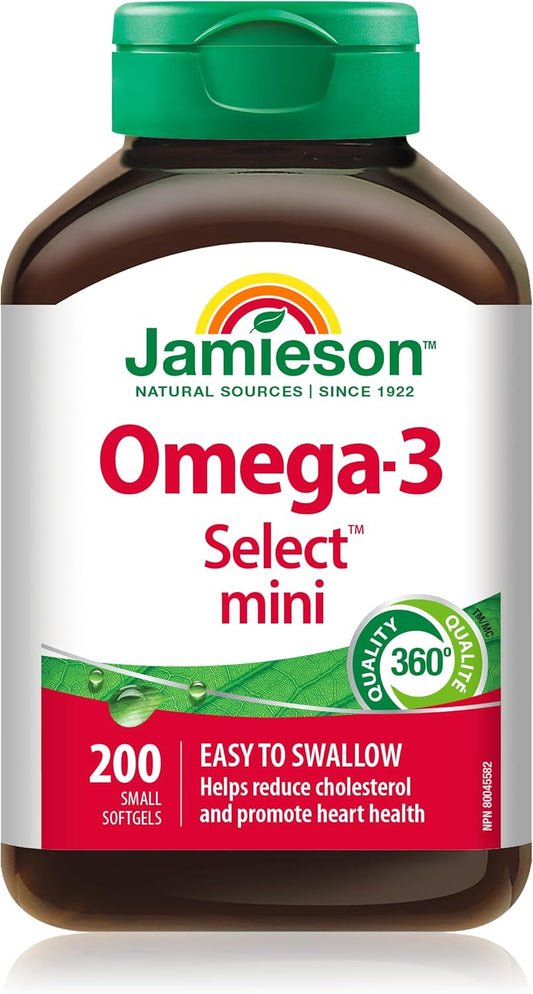 Jamieson Omega-3 Select Mini Softgels, Easy to Swallow, Supports Brain and Heart Health, and Helps Reduce Cholesterol. With EPA and DHA, Non-GMO, Gluten-Free, 200 Count, Proudly Canadian