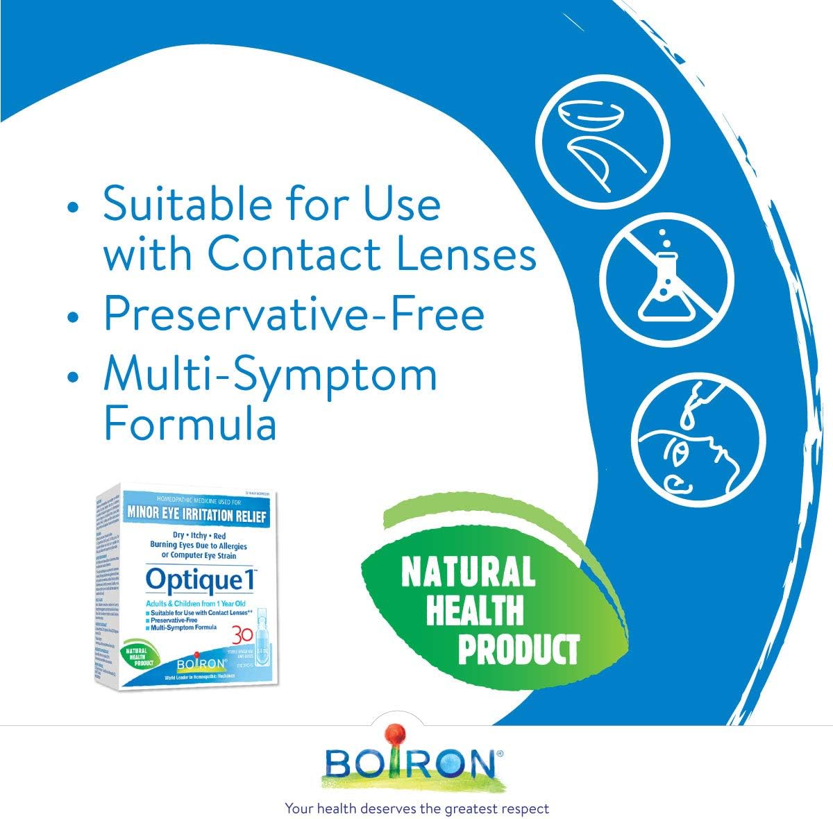 Boiron RhinAllergy 可缓解打喷嚏、流鼻涕和眼睛发痒等过敏症状，Optique 1 眼药水可缓解轻微眼部刺激，如干涩、发痒或发红灼热