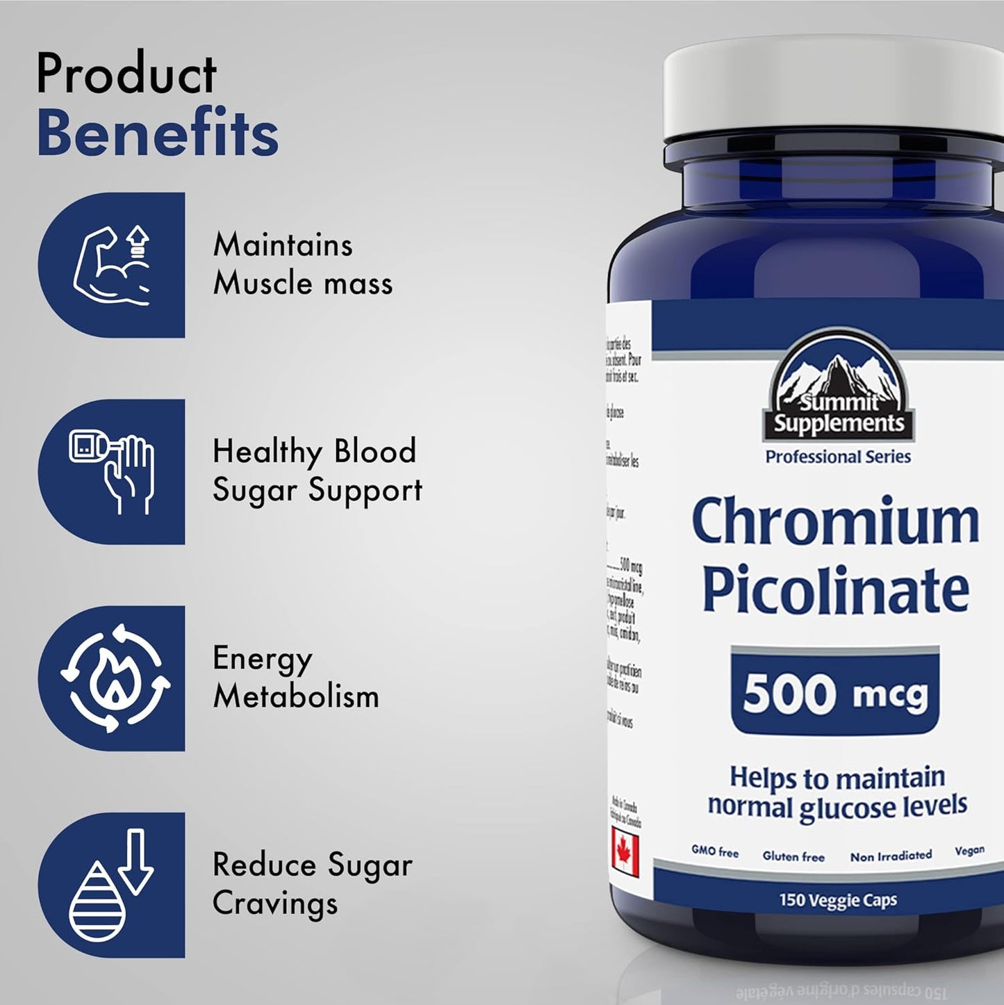 Chromium Picolinate 500mcg 150 Vegan Caps, 150-Day Supply, Supports Glucose Metabolism, Appetite & Craving Management, Metabolic & Muscle Support, GMO & Gluten-Free, Plastic Negative, Proudly Canadian