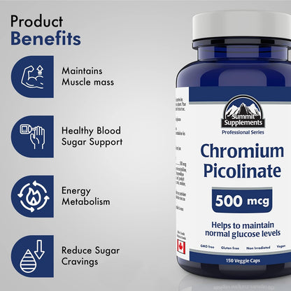 Chromium Picolinate 500mcg 150 Vegan Caps, 150-Day Supply, Supports Glucose Metabolism, Appetite & Craving Management, Metabolic & Muscle Support, GMO & Gluten-Free, Plastic Negative, Proudly Canadian