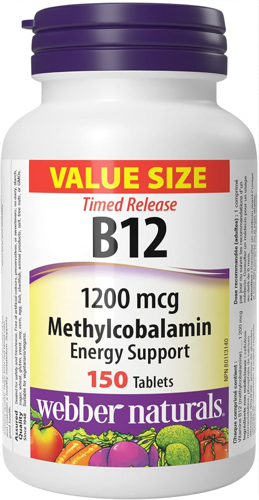 Webber Naturals Vitamin B12 1200 mcg, Timed Release, 150 Tablets & Omega-3 Fish Oil 1,000 mg, 210 Softgels, Supports Cardiovascular Health and Brain Function