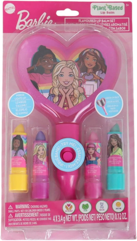 Townley Girl Barbie 4-Pack Lip Balm With Light Up Mirror - Moisturizing, Hydrating Lip Balm