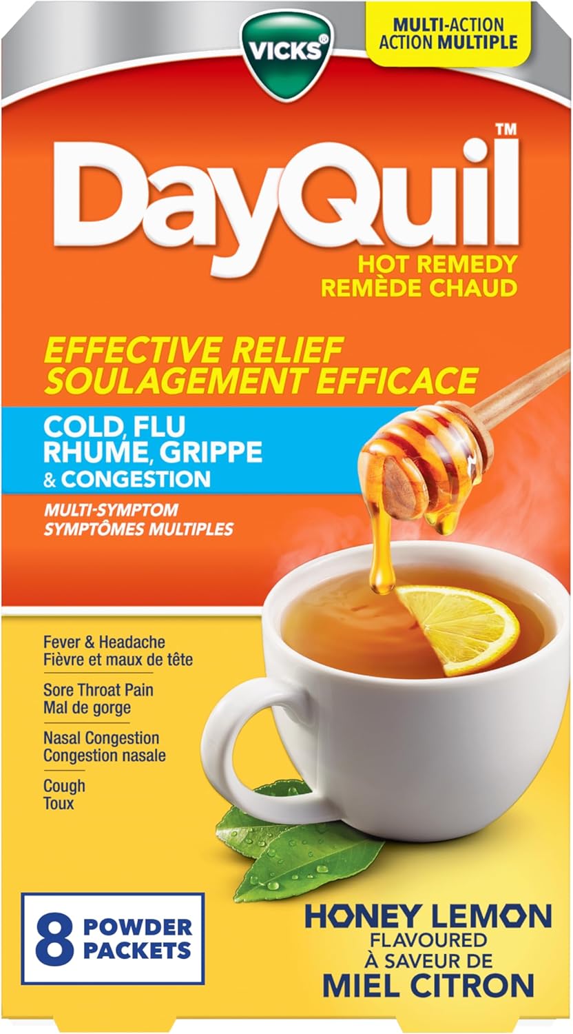Vicks DayQuil 熱敷感冒、流感和鼻塞藥，白天使用，不引起困倦，緩解發燒和頭痛、咽喉痛、鼻塞、咳嗽，多效合一，蜂蜜檸檬味，8 包粉劑