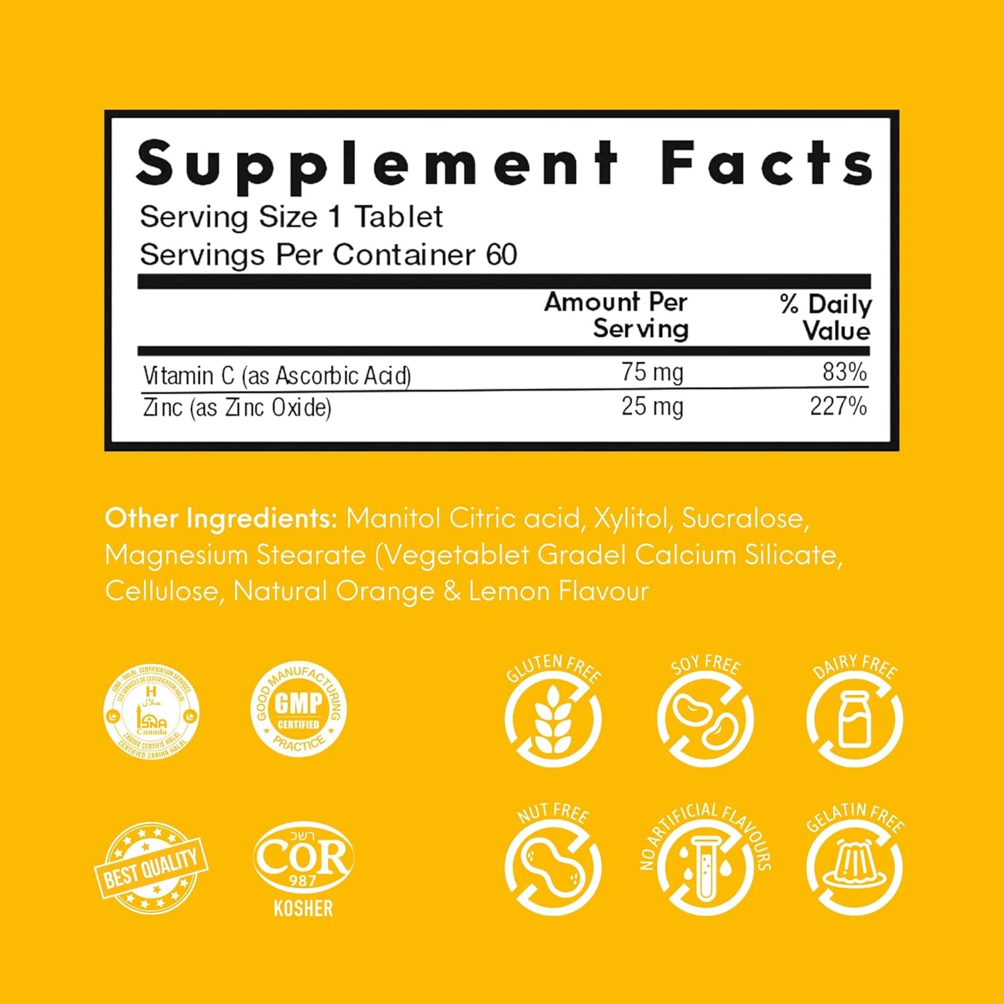 Nutrameltz 維生素 C 和鋅 - 免疫增強補充劑，支持頭髮生長，幫助組織發育，速溶片，用於維生素缺乏症 - 檸檬和橙子味（60 片）