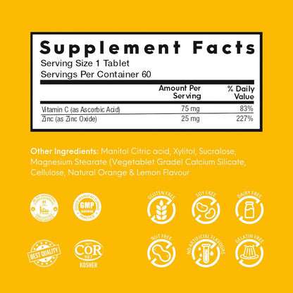 Nutrameltz 維生素 C 和鋅 - 免疫增強補充劑，支持頭髮生長，幫助組織發育，速溶片，用於維生素缺乏症 - 檸檬和橙子味（60 片）