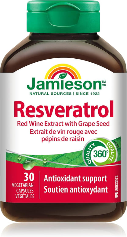 Jamieson 白藜蘆醇、葡萄籽、反式白藜蘆醇，強效抗氧化，支持心血管健康。非基因改造，無麩質，30粒素食膠囊，加拿大製造