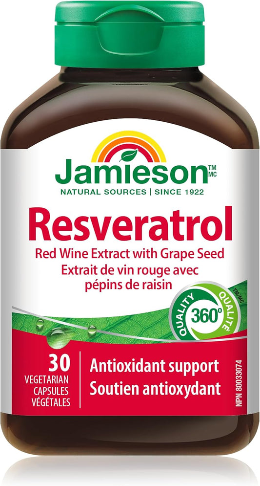 Jamieson 白藜蘆醇、葡萄籽、反式白藜蘆醇，強效抗氧化，支持心血管健康。非基因改造，無麩質，30粒素食膠囊，加拿大製造