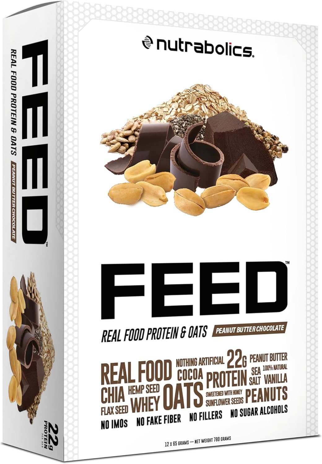 Nutrabolics Feed Bar, Peanut Butter Chocolate, Real Food Protein Bar, 12 Bars