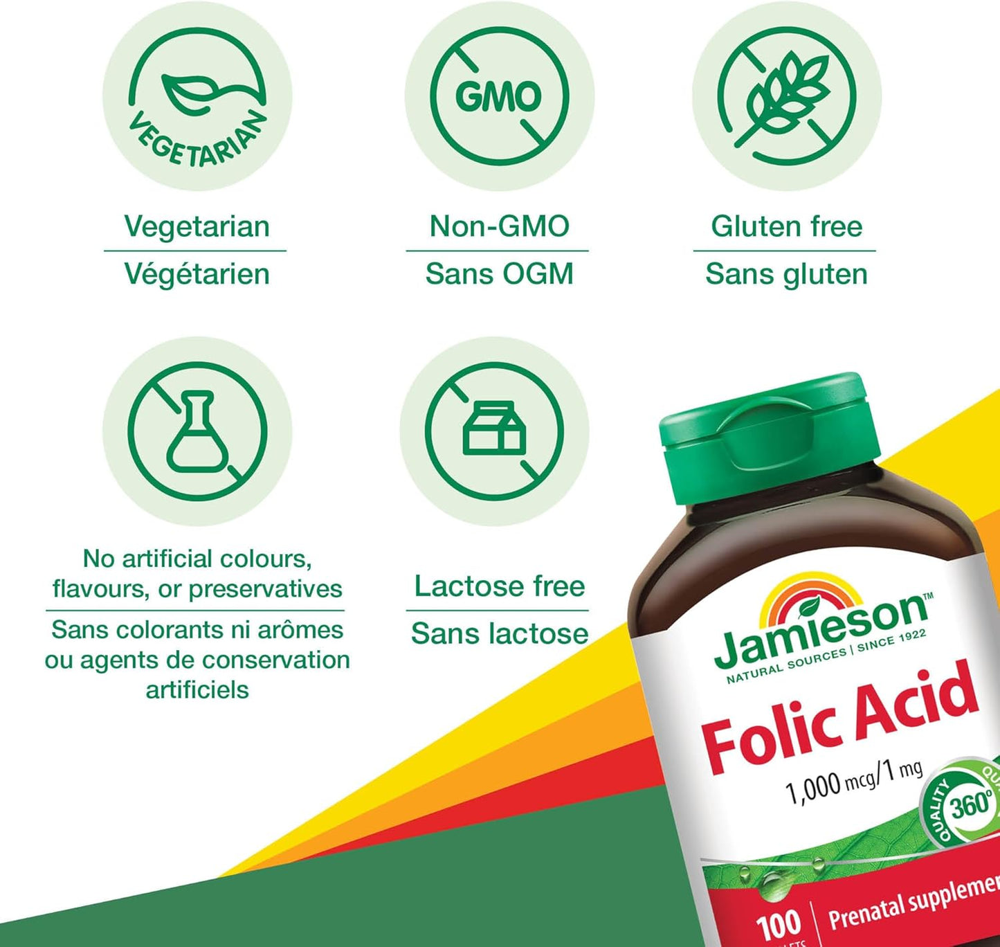 Jamieson Folic Acid 1,000 mcg Tablets, Prenatal Supplement, Supports Normal Fetal Development, Helps Prevent Neural Tube Defects and Produce Red Blood Cells. Vegetarian, Non-GMO, Gluten-Free, 100 Count, Proudly Canadian