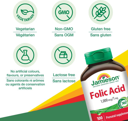 Jamieson Folic Acid 1,000 mcg Tablets, Prenatal Supplement, Supports Normal Fetal Development, Helps Prevent Neural Tube Defects and Produce Red Blood Cells. Vegetarian, Non-GMO, Gluten-Free, 100 Count, Proudly Canadian