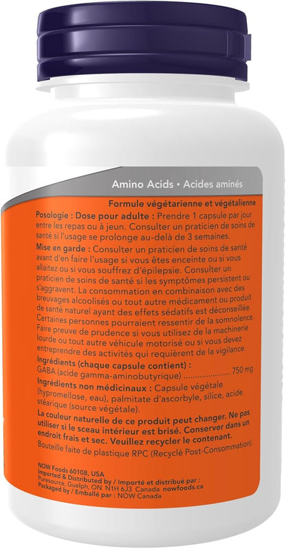 NOW Supplements GABA 750mg Vegetable Capsules, 100 Count