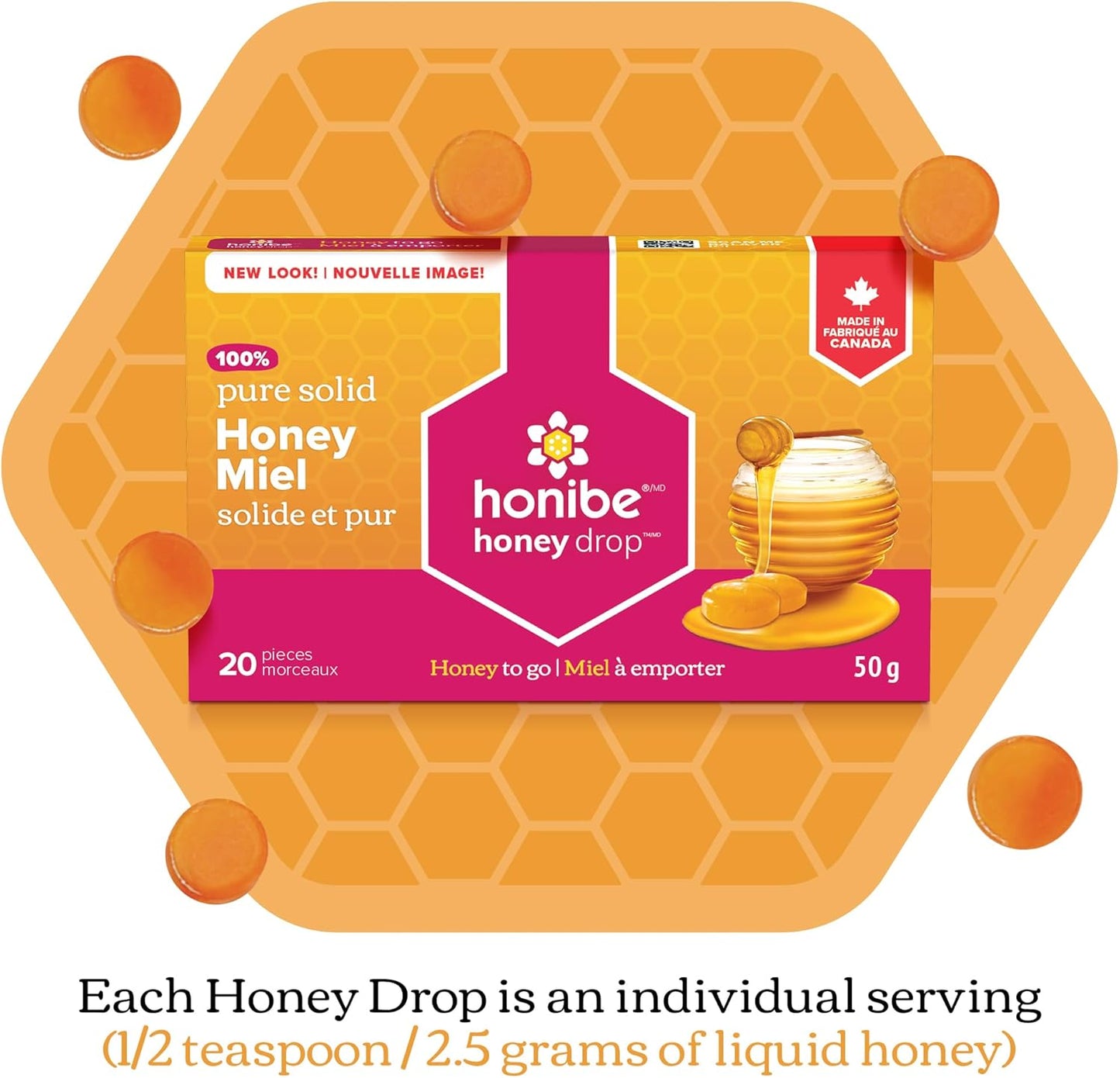 Honibe 蜂蜜滴剂 | 100% 纯蜂蜜 | 固体蜂蜜甜味剂 | 舒缓咽喉痛 | 12 包，每包 20 滴（240 滴）