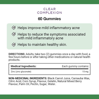 NATURE'S BOUNTY Clear Complexion, Gummies, Helps Clear Mild Inflammatory Acne, Reduce Symptoms Of Mild Inflammatory Acne & Maintain Healthy Skin, Mixed Berry Flavour, 150 g