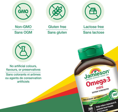 Jamieson Omega-3 迷你軟膠囊，無魚腥味，有益心臟健康，支持大腦健康。含 210 毫克 EPA 和 140 毫克 DHA，不打嗝，易吞嚥，無麩質，非基因改造，200 粒裝