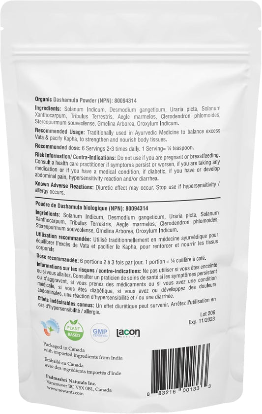 有機 Dashamula 粉 100g/ NPN 80094314/ Dashamula 是十種根的傳統混合物：Solanum Indicum (Bruhati)、Desmodium Gangeticum (Shalaparni)、Uraria Picta (Prushnparni)、Solanum Xanthocarpum (Tribantari)、Tribul…
