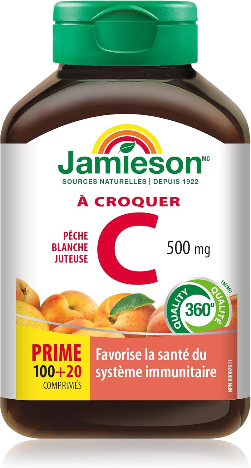 Jamieson 咀嚼維生素 C 500 毫克 - 白桃口味，120 粒（1 包）和溫和鐵 28 毫克雙甘氨酸亞鐵 - 無麩質，90 粒（1 包）