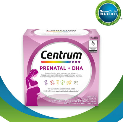 Centrum 产前多种维生素/矿物质，含叶酸和 DHA，多种维生素补充剂，含 Omega 3，60 片产前片剂和 60 粒 DHA 软胶囊（共 120 粒）（包装可能有所不同）