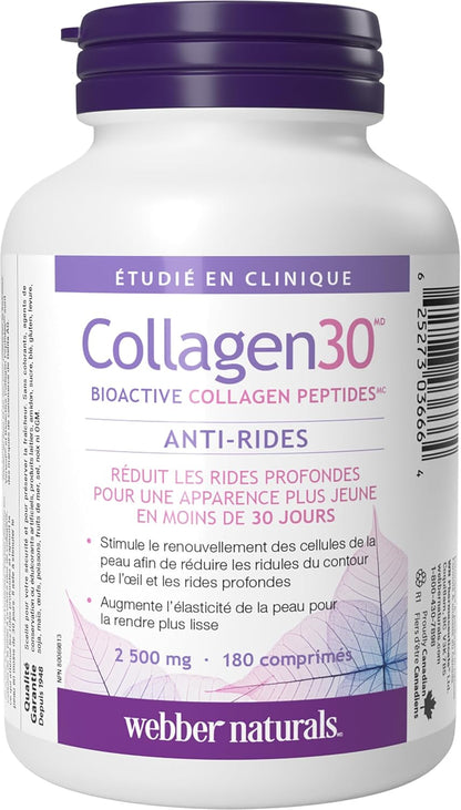 Webber Naturals Collagen30 抗皱片，每份含 2,500 毫克生物活性胶原蛋白肽，180 片，有助于减少深层皱纹、细纹并刺激皮肤细胞