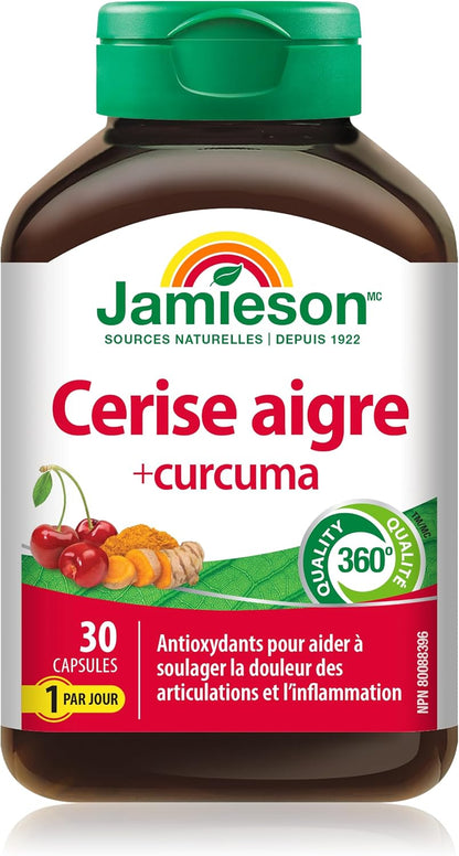 Jamieson姜黄100毫克，含酸樱桃500毫克，天然缓解关节疼痛，消炎助消化。非转基因，30粒素食胶囊，加拿大制造