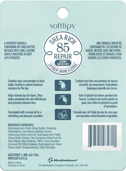 Softlips Shea Rich 85 修復 | 椰子潤唇膏 | 85% 乳木果油 | 適用於乾燥、皸裂的嘴唇 | 保濕滋養唇部護理 | 不含防腐劑