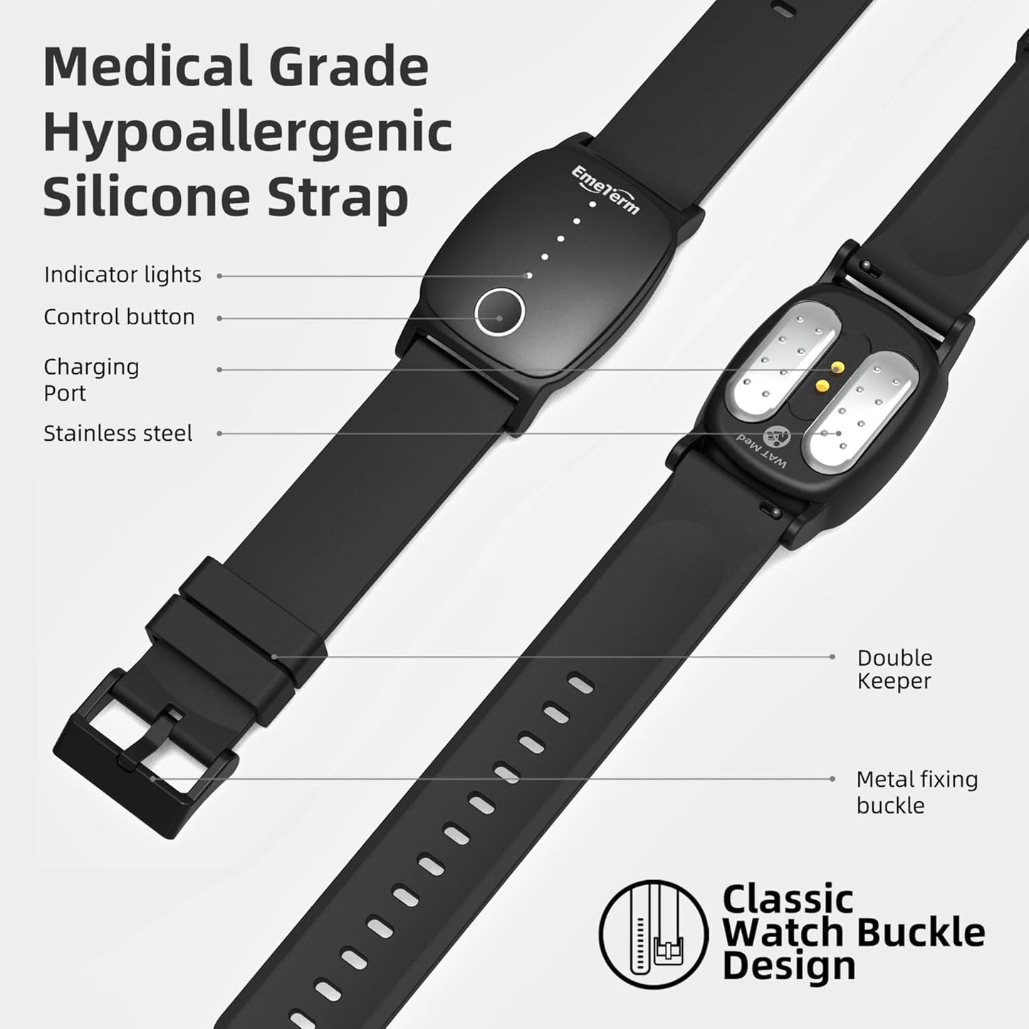 EmeTerm Explore Galaxy Black FDA Cleared Anti-Nausea Wristband IP67 Waterproof Morning Motion Travel Sickness Vomit Relief Rechargeable Classic Strap Design No Gel Drug Free Without Side Effects