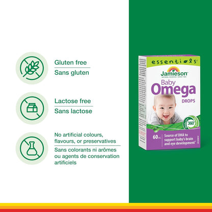 Jamieson 婴儿 Omega-3 滴剂，富含 EPA 和 DHA，加拿大制造，支持大脑和眼睛发育。天然香料，不含麸质、人工色素、香精或防腐剂，60 毫升