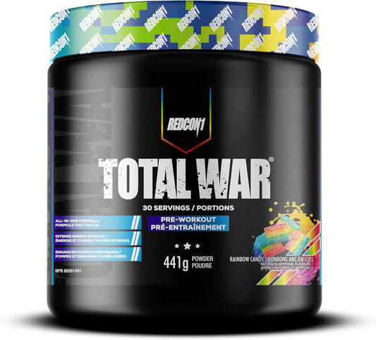 REDCON1 Total War 運動前粉，彩虹糖 - β-丙氨酸 + 瓜氨酸蘋果酸，適合素食者和生酮飲食者，適合男性和女性，含 250 毫克咖啡因 - 速效 HMB（30 份）