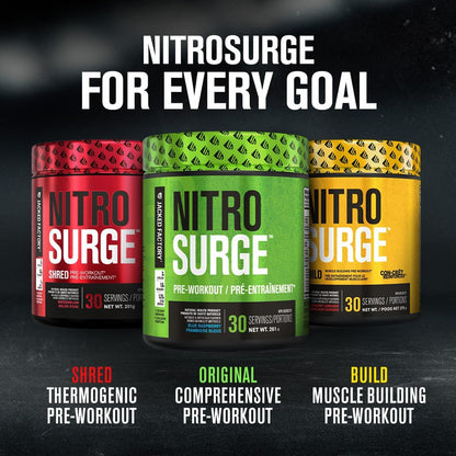 NITROSURGE 鍛鍊前補充品 - 源源不絕的能量、瞬間增強力量、清晰的注意力、強烈的泵感 - 一氧化氮助推器和含 β-丙氨酸的鍛煉前粉末 - 30 份，藍莓檸檬水