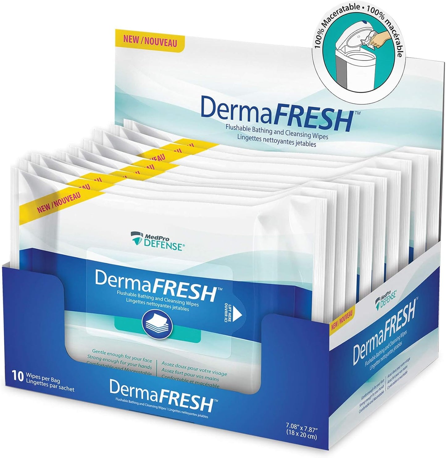 MedPro Defense Dermafresh Flushable and Maceratable Bathing and Cleansing Wipes, Unscented, 1 pack of 10 wipes