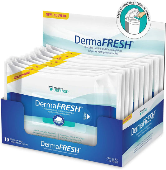 MedPro Defense Dermafresh Flushable and Maceratable Bathing and Cleansing Wipes, Unscented, 1 pack of 10 wipes