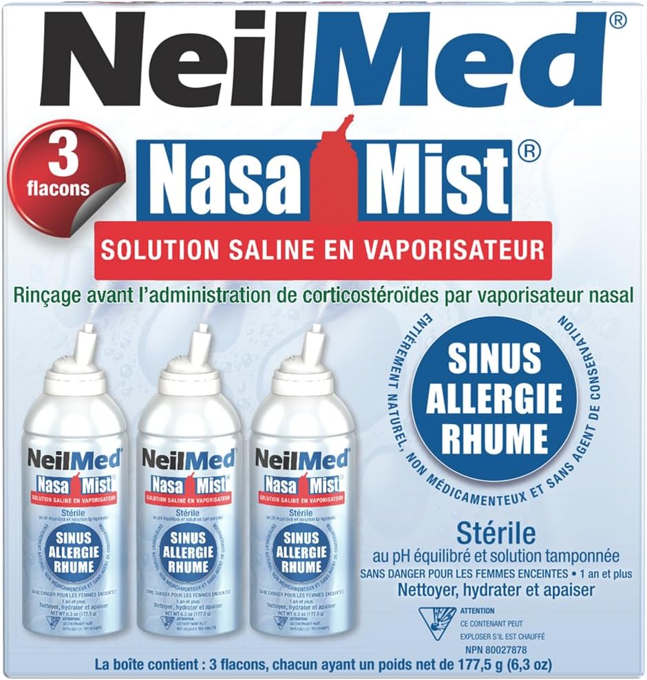 NeilMed NasaMist 生理盐水喷雾 177 毫升。全天然 pH 平衡缓冲溶液 - 采用特殊设计的喷嘴，舒缓、保湿、清洁肌肤。内含 3 罐