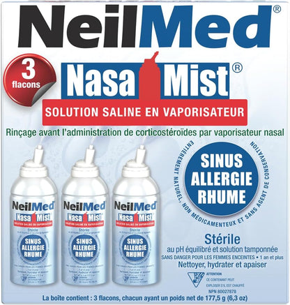 NeilMed NasaMist 生理盐水喷雾 177 毫升。全天然 pH 平衡缓冲溶液 - 采用特殊设计的喷嘴，舒缓、保湿、清洁肌肤。内含 3 罐