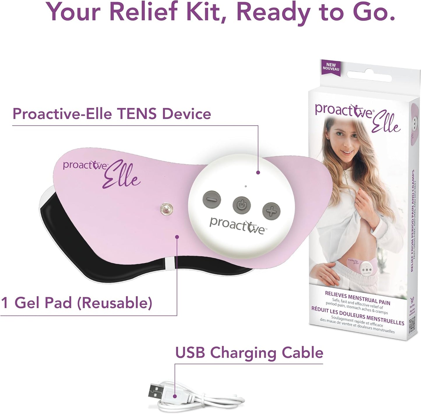 Proactive-Elle TENS 装置 - 无线经期疼痛缓解装置 - 缓解痛经，具有 6 种模式和 20 种强度等级 - 紧凑、无药物、隐蔽，可穿戴，缓解腹部和下背部不适