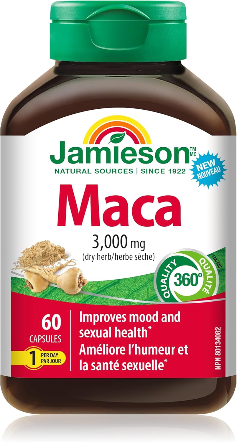 Jamieson High Potency Maca 3,000 mg, Helps to Support Emotional Aspects of Sexual Health and a Healthy Mood Balance. Vegetarian, Non-GMO, Gluten-Free, Only One Per Day, 60 Count
