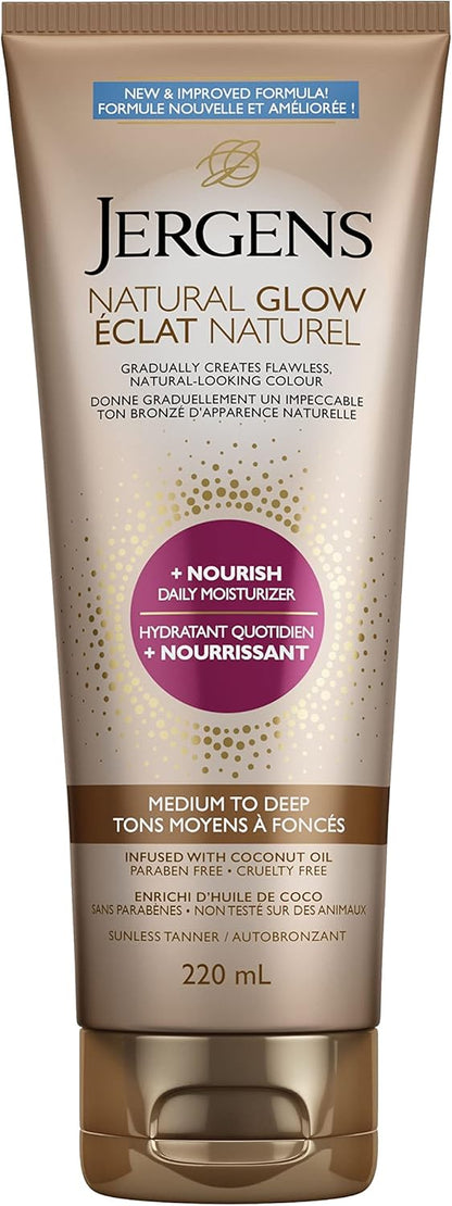 Jergens Natural Glow +Nourish Daily Moisturizer & Gradual Sunless Self Tanning Body Lotion for Dry Skin, Medium to Deep Shade (220 mL)