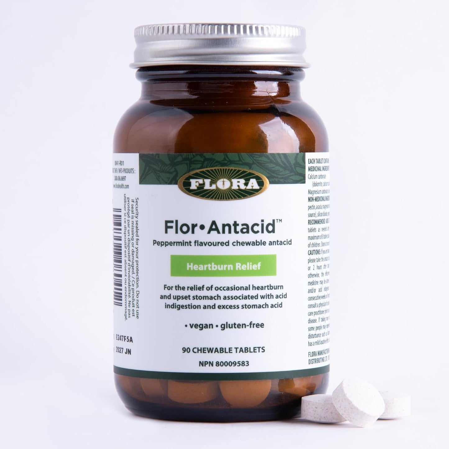 Flora Health Flor-Antacid - 用於緩解偶爾因消化不良和胃酸過多引起的胃灼熱和胃部不適 - 真正的薄荷油口味 - 90 片咀嚼片