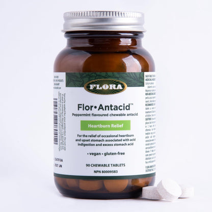 Flora Health Flor-Antacid - 用於緩解偶爾因消化不良和胃酸過多引起的胃灼熱和胃部不適 - 真正的薄荷油口味 - 90 片咀嚼片