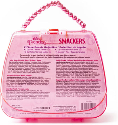 Lip Smacker Disney Princess 5-Piece Beauty Tote for Kids, Includes Lip Balm, Nail Polish & Hair Accessories, Travel Bag Gift Set Featuring Rapunzel & Cinderella, Cruelty-Free