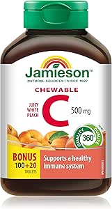 Jamieson 咀嚼維生素C 500毫克，鮮嫩白桃口味，有助於增強免疫力，強健牙齒和骨骼。適合全家（4歲以上），素食，非基因，無麩質，不含人工香料、色素或防腐劑，120粒…