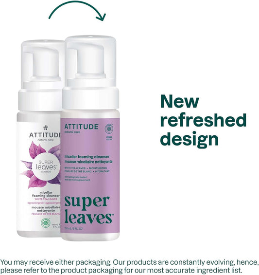 ATTITUDE Micellar Foaming Facial Cleanser, Made in Canada, EWG Verified, Dermatologically Tested, Plant and Mineral-Based, Vegan, White Tea Leaves, 150 mL