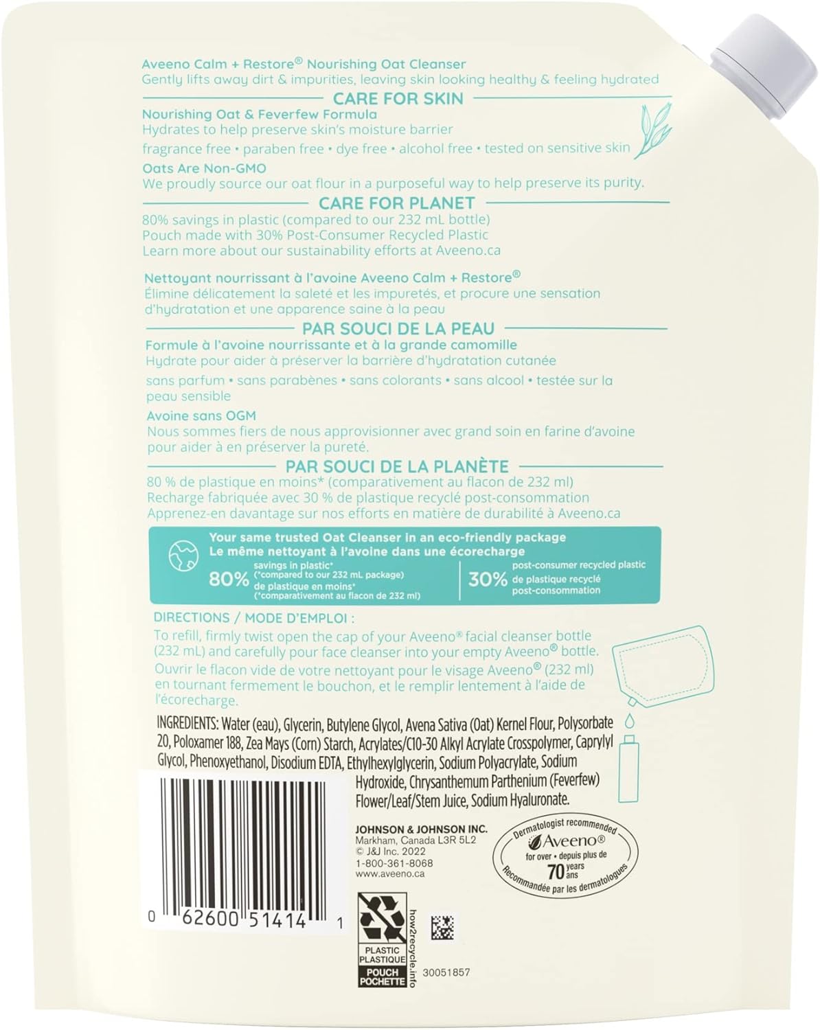 Aveeno Calm + Restore Nourishing Oat Facial Cleanser for Sensitive Skin, Gentle Gel Face Wash with Nourishing Oat & Calming Feverfew, Hypoallergenic, Fragrance- & Paraben-Free, 232mL (Packaging May Vary)